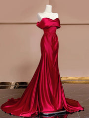 Sexy Mermaid Off The Shoulder Satin Red Floor Length Evening Dress Prom Dresses