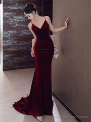 Sexy Mermaid Spaghetti Straps Burgundy Velvet Long Evening Dress Prom Dresses