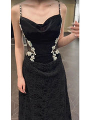 Sexy Mermaid Spaghetti Straps Black Floor Length Evening Dress Prom Dresses