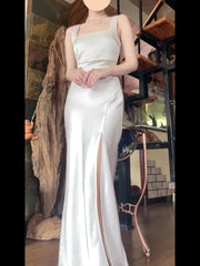 Sexy Mermaid Square Neckline White Slit Long Evening Dress Prom Dresses Birthday Outfits