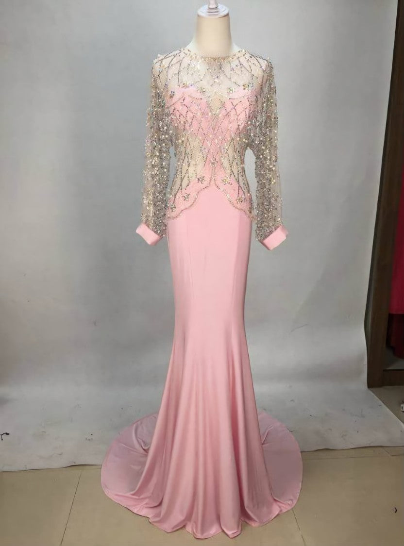 Sexy Pink Long Sleeve Beaded Chiffon Long Prom Dress