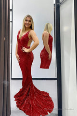 Sexy Red Mermaid Sequin Backless Long Party Prom Dresses