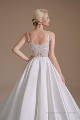 V Neck Sleeveless Satin Handmade Back Wedding Dresses