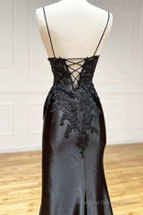 Sheath Black Long Appliques Prom Dress