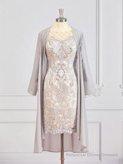 Sheath/Column Bateau Short/Mini Chiffon Mother of the Bride Dresses With Appliques Lace