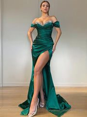 Sheath/Column Off-the-Shoulder Sweep Train Silk like Satin Prom Dresses With Leg Slit