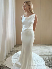 Sheath/Column Scoop Court Train Silk like Satin Wedding Dresses