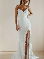 Sheath/Column Spaghetti Straps Sweep Train Jersey Wedding Dresses