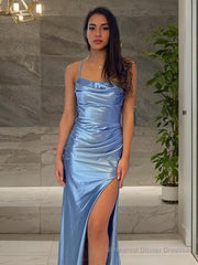 Sheath/Column Spaghetti Straps Sweep Train Silk like Satin Prom Dresses With Leg Slit