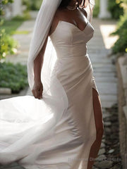 Sheath/Column Sweetheart Sweep Train Satin Wedding Dresses With Leg Slit