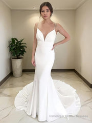 Sheath/Column V-neck Court Train Stretch Crepe Wedding Dresses