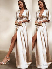 Sheath/Column V-neck Floor-Length Silk like Satin Evening Dresses With Leg Slit