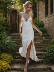 Sheath/Column V-neck Sweep Train Stretch Crepe Wedding Dresses With Leg Slit