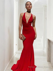 Sheath/Column V-neck Sweep Train Jersey Prom Dresses With Ruffles