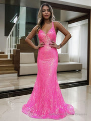 Sheath/Column V-neck Sweep Train Prom Dresses