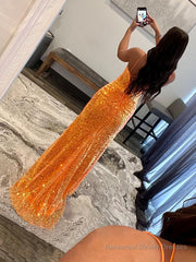 Sheath/Column V-neck Sweep Train Sequins Prom Dresses With Leg Slit