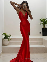 Sheath/Column V-neck Sweep Train Silk like Satin Prom Dresses With Leg Slit