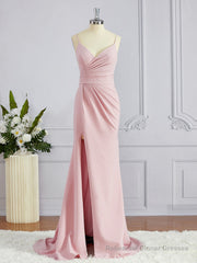 Sheath/Column V-neck Sweep Train Stretch Crepe Bridesmaid Dresses with Leg Slit