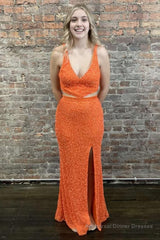 Sheath Deep V Neck Orange Sequins Backless Long Prom Dress