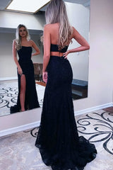 Sheath Strapless Black Sequins Long Prom Dress with Split Front