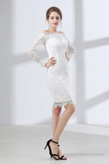 Sheath White Lace Off The Shoulder Long Sleeve Prom Dresses