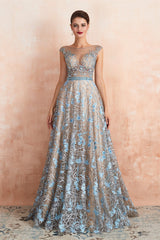 Sheer A-Line Lace Sequin Jewel Long Prom Dresses with Crystals