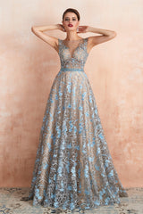 Sheer A-Line Lace Sequin Jewel Long Prom Dresses with Crystals