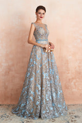 Sheer A-Line Lace Sequin Jewel Long Prom Dresses with Crystals