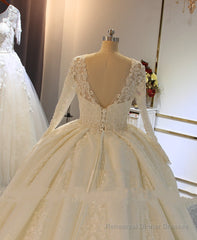 Shinny Long A-line Full Beading Lace-Up Wedding Dresses with Sleeves