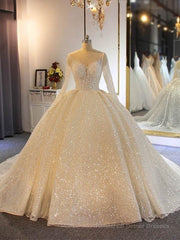 Shinny Long Ball Gown Sweetheart Sparkling Wedding Dresses with Sleeves