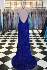 Shiny Blue Sequins Mermaid Backless Long Prom Dress with High Slit, Mermaid Blue Formal Dress, Blue Evening Dress