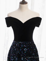 Shiny Off the Shoulder Black Prom Dresses with Corset Back, Shiny Black Long Formal Evening Dresses