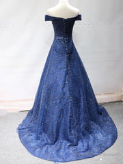 Shiny Off the Shoulder Navy Blue Long Prom Dresses, Off Shoulder Blue Formal Evening Dresses