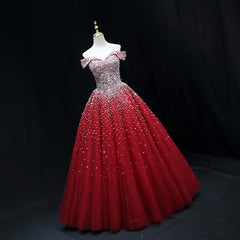 Shiny Red Sequins Pretty Long Formal Dress, Dark Red Sweet 16 Dresses