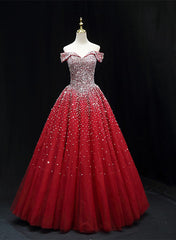 Shiny Red Sequins Pretty Long Formal Dress, Dark Red Sweet 16 Dresses