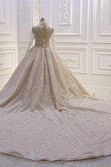 Shiny Sequined Long Sleevess Pleats Champange Wedding Dress