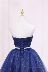 Shiny Strapless Sweetheart Neck Blue Short Prom Homecoming Dress with Belt, Sparkly Blue Formal Evening Dress