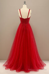 Shiny Sweetheart Neck Red Tulle Beaded Long Prom Dresses, Open Back Red Tulle Formal Graduation Evening Dresses