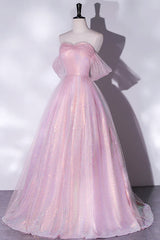 Shiny tulle sequins long pink prom dress A-line evening dress