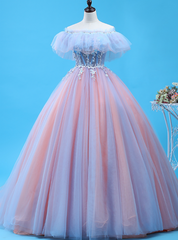 Shop Long Pink And Blue Ball Gown Tulle Off the Shoulder Quinceanera Dress