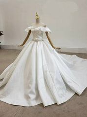 Shop White Ball Gown Satin Off the Shoulder Pleats Beading Wedding Dress