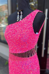 Fuchsia One Shoulder Sequins Tassels Cut-Out Long Prom Dress with Slit