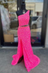 Fuchsia One Shoulder Sequins Tassels Cut-Out Long Prom Dress with Slit