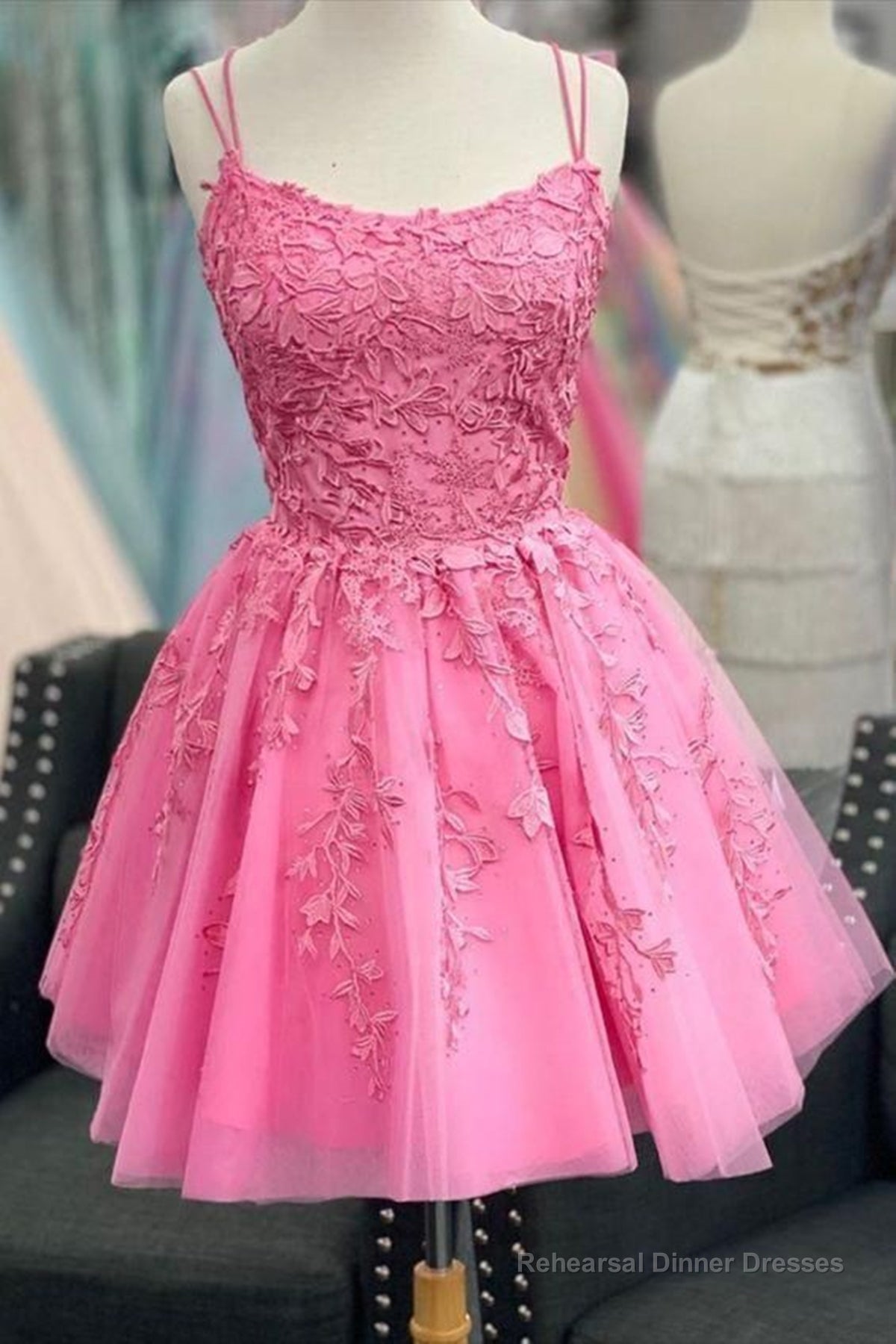 Short Pink Backless Lace Prom Dresses, Short Pink Open Back Formal Homecoming Dresses