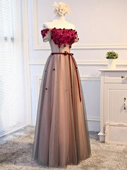 Short Sleeves Burgundy Floral Long Prom Dresses, Burgundy Floral Formal Bridesmaid Dresses