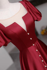 Short Sleeves Burgundy Long Prom Dresses with High Slit, Wine Red High Slit Long Formal Evening Dresses