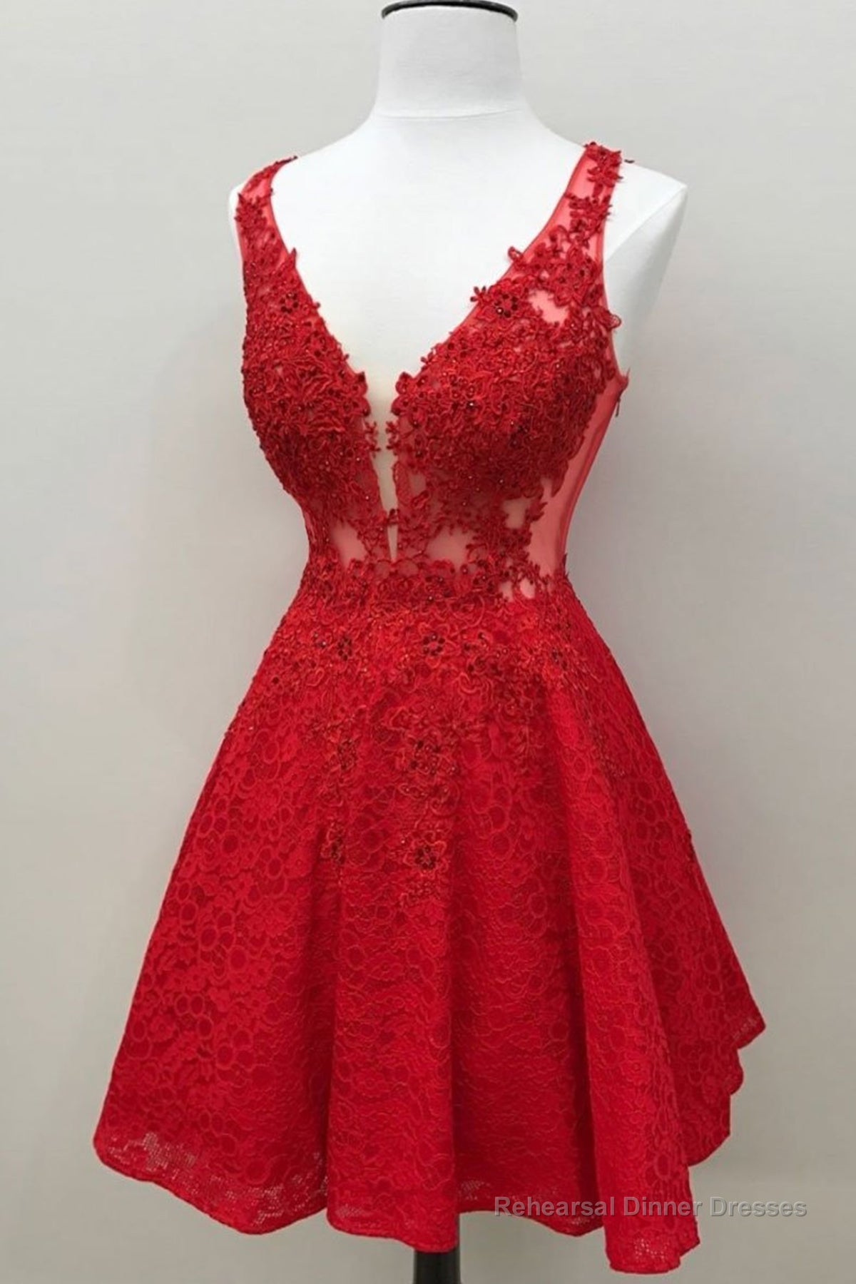 Short V Neck Lace Prom Dresses, Short Red V Neck Lace Homecoming Graduation Dresses