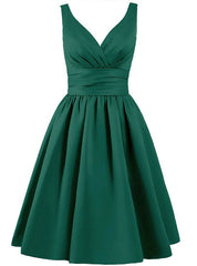 Short V-neck Satin Knee Length With Pleats Bridesmaid Dress