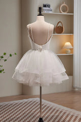 Short V Neck White Prom Dresses, Short V Neck White Formal Homecoming Dresses