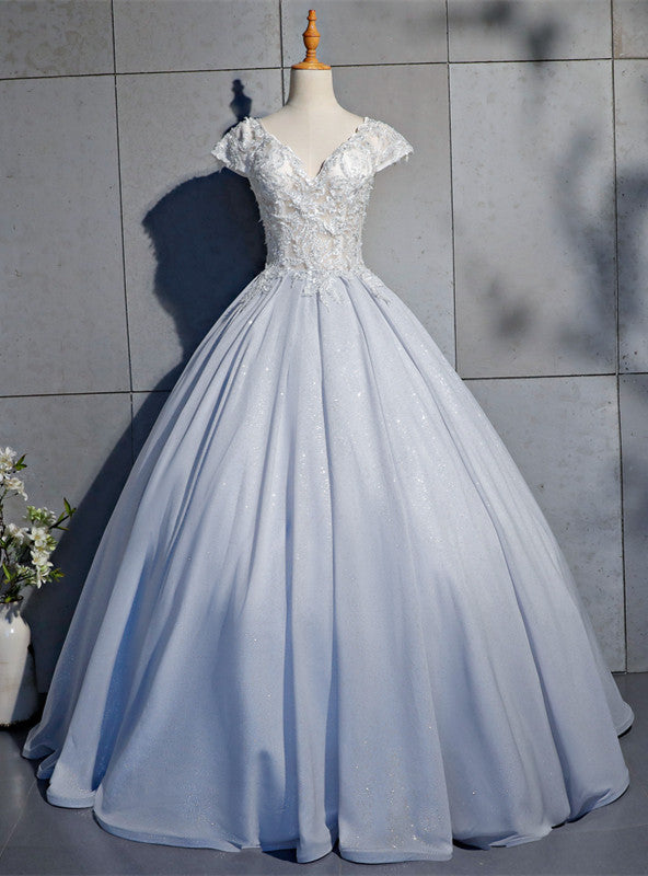 Silver Ball Gown Cap Sleeve Beading Quinceanera Dress